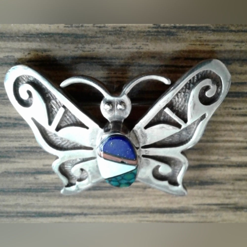 SOLD Vintage Navajo Native American Charlie Bowie Inlaid Pin Pendant - Picture 5 of 6